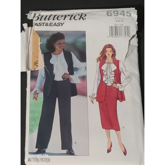 Vtg Butterick Sewing Pattern 6945 Vest Blouse Skirt Pants Sizes 6 -8- 10 Uncut - Picture 1 of 6